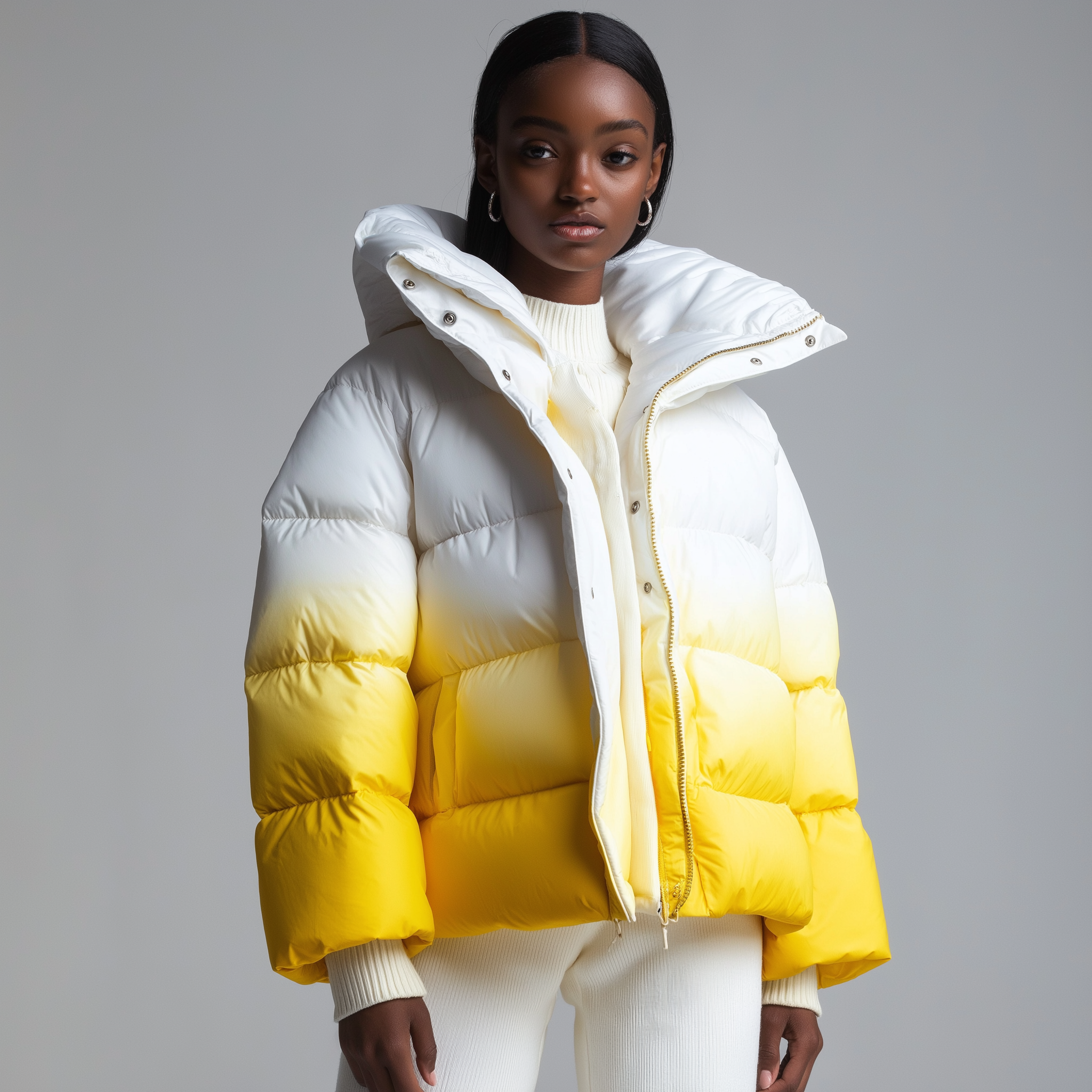 Model in yellow and White jacket